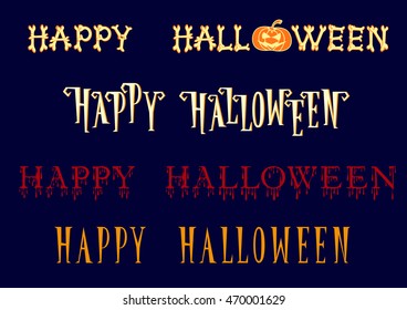 Set of Happy Halloween title in different cartoon style font isolated on dark blue background. Vector illustration