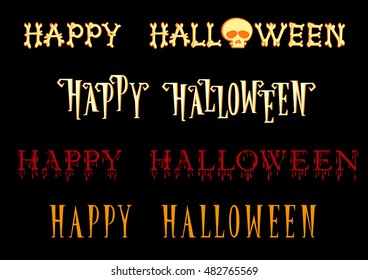 Set of Happy Halloween title in different cartoon style font isolated on black background. Vector illustration