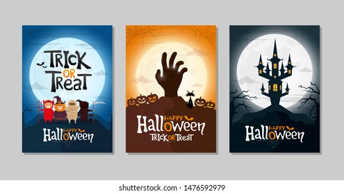 Set of Happy Halloween and Trick or Treat greeting cards or party invitations. Three poster with kids, zombie hand, and spooky castle. Vector illustration.