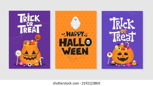 Set of Happy Halloween and Trick or Treat greeting cards. Celebration party invitations or poster designs. Vector illustration.