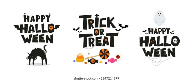 Set of Happy Halloween and Trick or Treat vector lettering. Stylized letters with creepy cat, ghost and halloween candies and sweets.