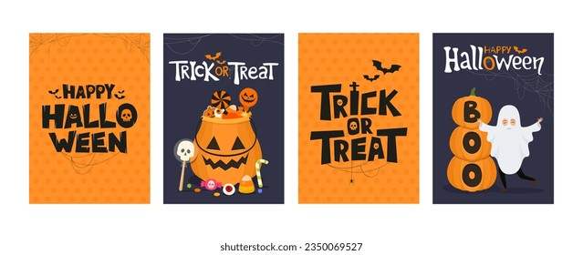 Set of Happy Halloween and Trick or Treat greeting cards or party invitations on the theme of Halloween. Vector illustration posters with candies in pumpkin basket and text lettering font.