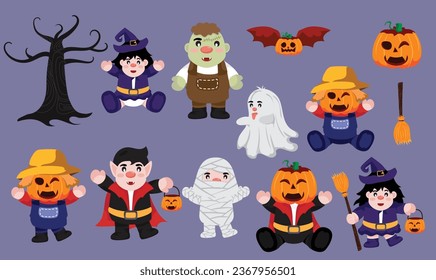 Set of Happy halloween trick or treat cute cartoon.