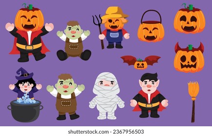 Set of Happy halloween trick or treat cute cartoon.
