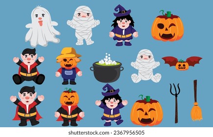 Set of Happy halloween trick or treat cute cartoon.