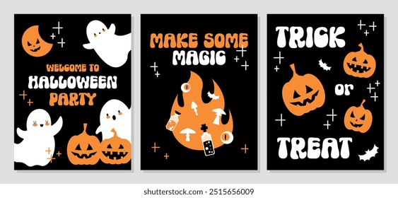 Set of Happy Halloween and Trick or Treat greeting cards. Welcome to Halloween party posters in cute flat style for social media stories design templates. Holidays greeting cards or party invitations.