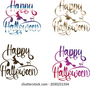 Set of Happy Halloween typography with flying witch cat and gradient