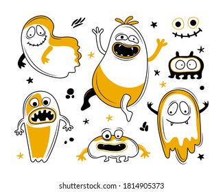 Set of happy Halloween in vector. Funny cartoon monsters, ghosts, aliens. Scary halloween character design. Terrible monsters mouths set, horrible jaws, smiling face. Hand drawn vector illustration.