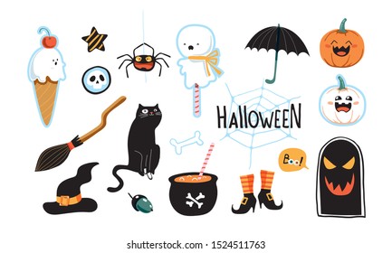 Set of happy halloween vector illustrations. Objects and objects for design. Witches helpers.