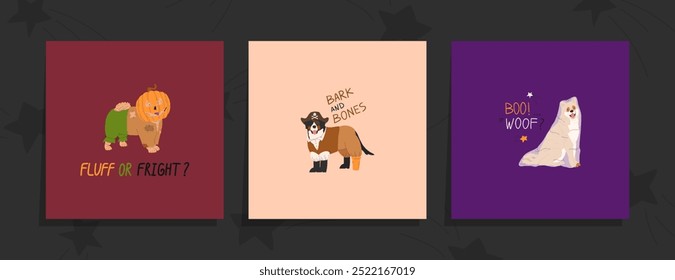 Set of Happy Halloween vector illustrations. Dogs in cute Halloween costume. Hand drawn funny lettering. Ideal for holiday cards, decorations, invitations and stickers