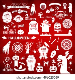 Set of Happy Halloween white silhouettes on red background. Decoration elements. Vector illustration