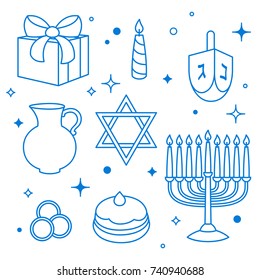 Set of Happy Hanukkah celebration objects and icons.