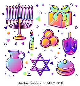 Set of Happy Hanukkah celebration objects and icons.