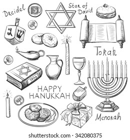 Set of Happy Hanukkah designed elements with candlestick, star of David, torah, menorah, dreidel and gifts