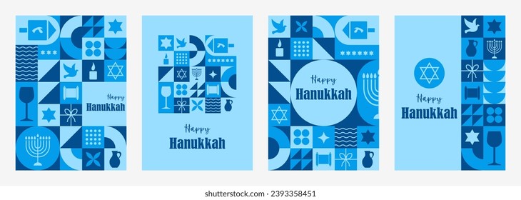 Set of Happy Hanukkah postcards. Modern neo geometric backgrounds. Vector illustration in bauhaus minimalist style. Composition of simple traditional jewish icons. Cards with Menorah, Dreidel.