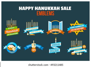 Set of Happy Hanukkah sale or discount design for emblem, sticker or logo with menorah with burning candles, donuts, dreidel and Happy Hanukkah slogans in English and Hebrew isolated