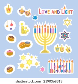 Set happy Hanukkah stickers isolated on blue background Jewish traditional symbols: menorah, David star, sufganiyah, dreidel Vector illustration in flat cartoon style Bright colorful collection