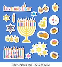 Set of happy Hanukkah stickers isolated on blue background. Jewish traditional symbols: menorah, David star, sufganiyah, dreidel. Vector illustration in flat cartoon style 