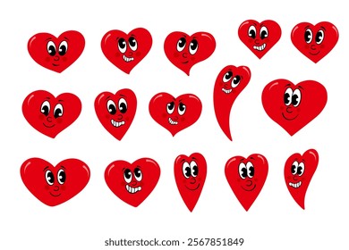 set of happy hearts faces, with different emotions, smiley faces