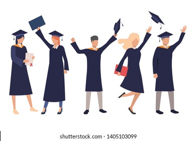 Set of happy high school students. Vector illustration of carefree young students throwing graduation caps. Can be used for education, presentation, promo