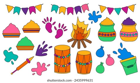 Set of Happy Holi elements. Design for celebration of Indian festival of love and color. Vector flat illustration.