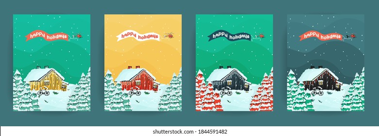 Set of Happy holidays blue, yellow, pink, green cards with wooden scandinavian house with light inside, christmas trees, bike, snow and helicopter