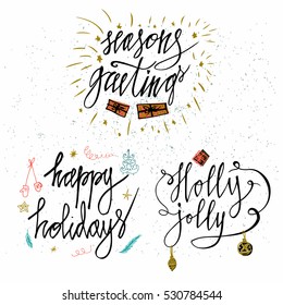 Set of Happy Holidays greetings hand-lettering card isolated on white background. Made in vector. Used for invitation, greeting card, prints and posters.