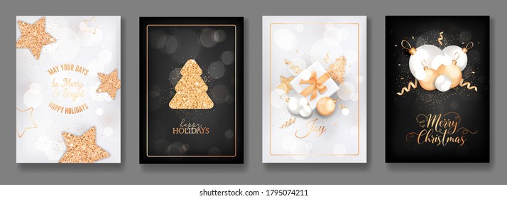 Set of Happy Holidays Invitation, Flyer or Banners Design. Merry Christmas and New Year Elegant Greeting Cards with Shining Gold Fir Tree, Glitter, Xmas Balls, Stars and Confetti. Vector Illustration