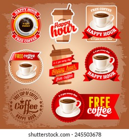 Set of happy hour and free coffee labels for restaurant, bar, cafe. 