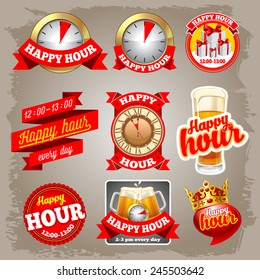 Set of happy hour labels for restaurant, bar, cafe and shops.