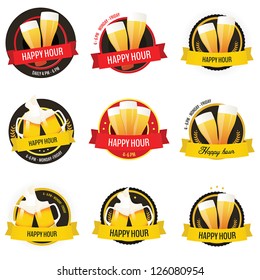 Set of happy hour restaurant, bar labels and badges isolated on white background