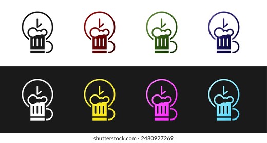 Set Happy hour with wooden beer mug icon isolated on black and white background.  Vector