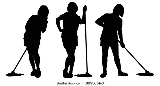 Set of happy housewife is cleaning the floor with mob silhouette vector on white background