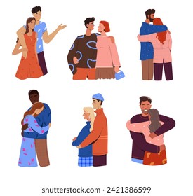 Set of happy hugging couples. Cute men and women in love embransing on date. Romantic relationships and tenderness between characters. Cartoon flat vector illustrations isolated on white background