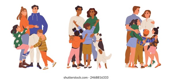 Set of happy hugging families. Smiling parents cuddling with their little children. Mothers and fathers embrace kids with care and love. Cartoon flat vector collection isolated on white background