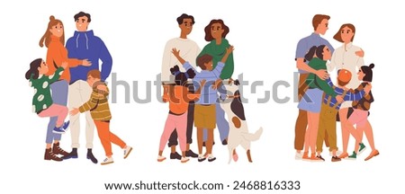 Set of happy hugging families. Smiling parents cuddling with their little children. Mothers and fathers embrace kids with care and love. Cartoon flat vector collection isolated on white background