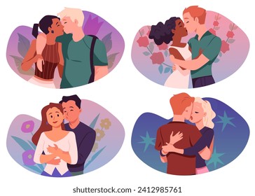 Set of happy hugging and kissing couples flat style, vector illustration isolated on white background. Decorative design elements collection, romantic relationships, emotions