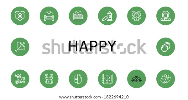 Set of happy\
icons. Such as Bear, Wedding car, Cake, Toboggan, Birthday,\
Firewoman, Wedding day, Panda bear, Chocolate egg, Love, Flower\
crown, Bee, Applause , happy\
icons