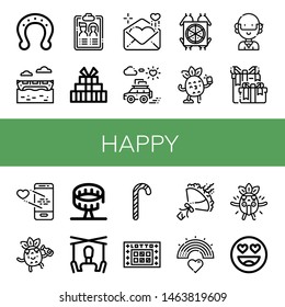 Set of happy icons such as Horseshoe, Banana boat, Guest list, Gift, Love letter, Honeymoon, Pizza deliver, Selfie, Hippie, Wedding gift, Love, Drunk, Round up ride, Puppet , happy