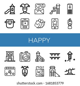 Set of happy icons. Such as Toboggan, Mask, Buffoon, Entertainment, Love letter, Bee, Waterpark, Tooth, Sticks, Bouquet, Dance, th of july, Love, Scooter, Slide , happy icons