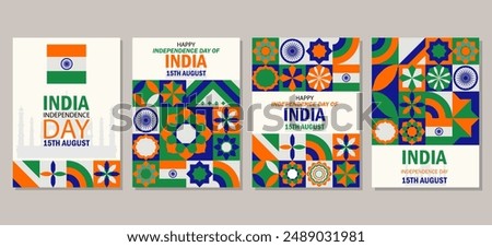 Set of Happy India Independence Day Card for a poster banner, cover template, social media template. vector illustration