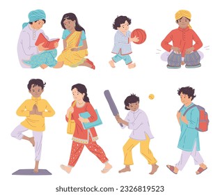 Set of happy Indian children in national costumes flat style, vector illustration isolated on white background. Leisure, people reading book, playing on tabla, walking. Childhood