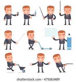 Set of Happy and Intelligent Character Rich man making presentation for using pointer using in design, etc.
