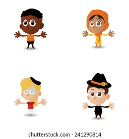 a set of happy interracial boys and girls on a white background