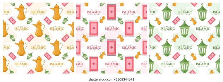 Set of Happy Islamic New Year Seamless Pattern Design Flat Illustration with Muslims Elements in Template Hand Drawn