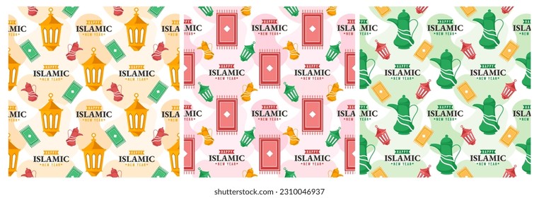 Set of Happy Islamic New Year Seamless Pattern Design Flat Illustration with Muslims Elements in Template Hand Drawn