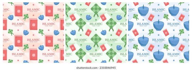 Set aus glücklichem islamischem Neujahr nahtlose Muster-Flachbild-Illustration mit Moslems-Elementen in Vorlage handgezeichnet