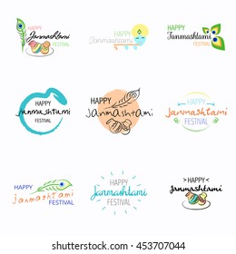 Set of Happy Janmashtami festival typographic vector design with text, pots, Lord Krishna, flute and peacock feather. Usable for banners, greeting cards, t-shirts, print. 