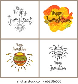Set of Happy Janmashtami lettering with peacock feather and pot of dahi. Greeting card.