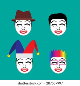 Set of happy joker with rainbow wavy hair,white face and red mouth in flat icon style